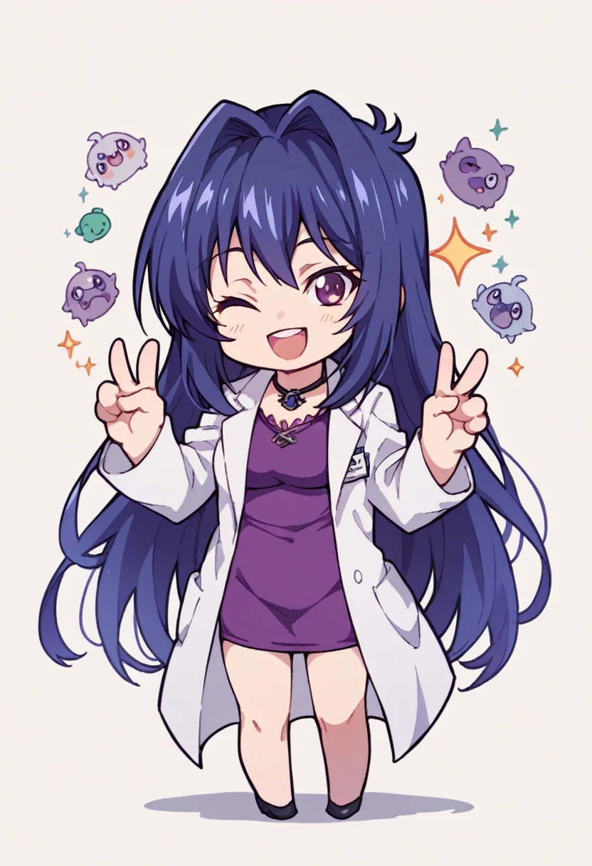 aki nijou,labcoat,open coat,purple blouse,miniskirt,chibi,(two fingers in V,symbol of love and peace),winking and smiling