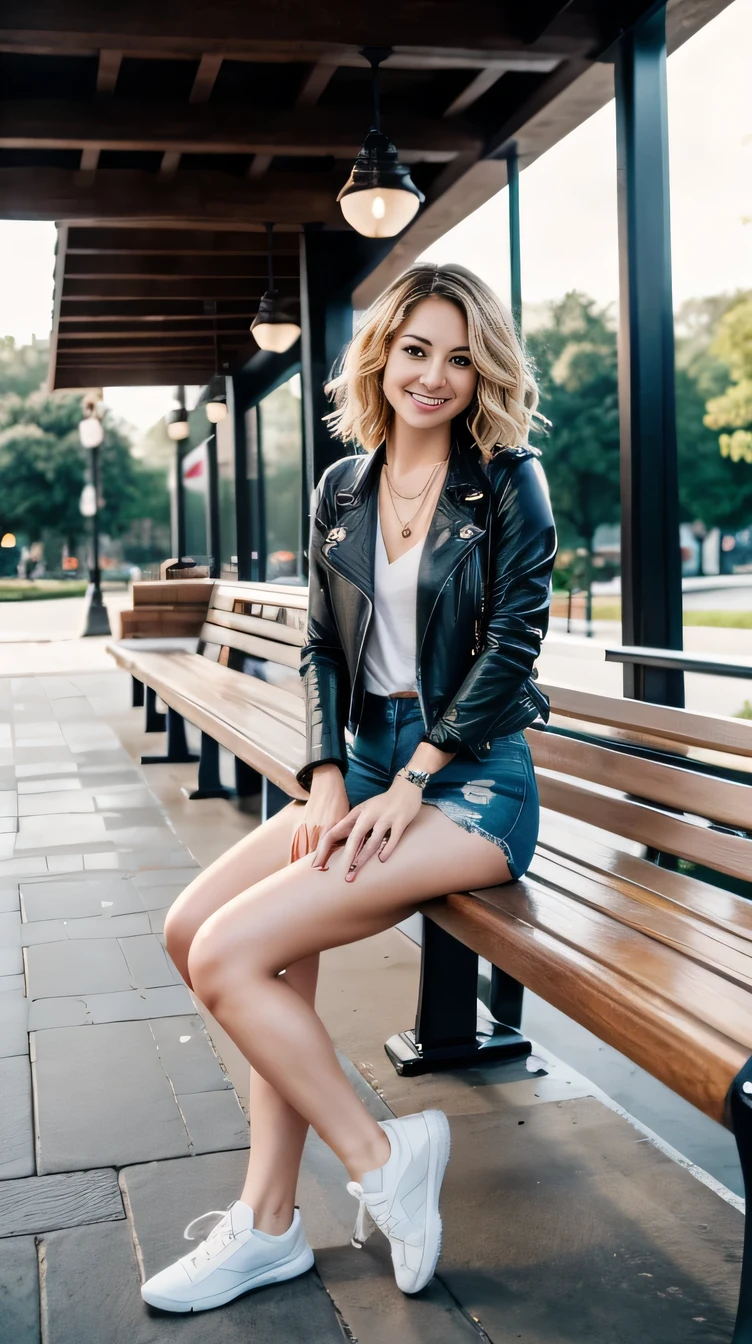 Super Resolution、Beautiful Russian Women、Full body photo、sitting on a park bench、short hair、Blonde、Wavy Hair、ear piercing、necklace、leather jacket、shirt、Skinny jeans、sneakers、smile、Beautiful teeth alignment
