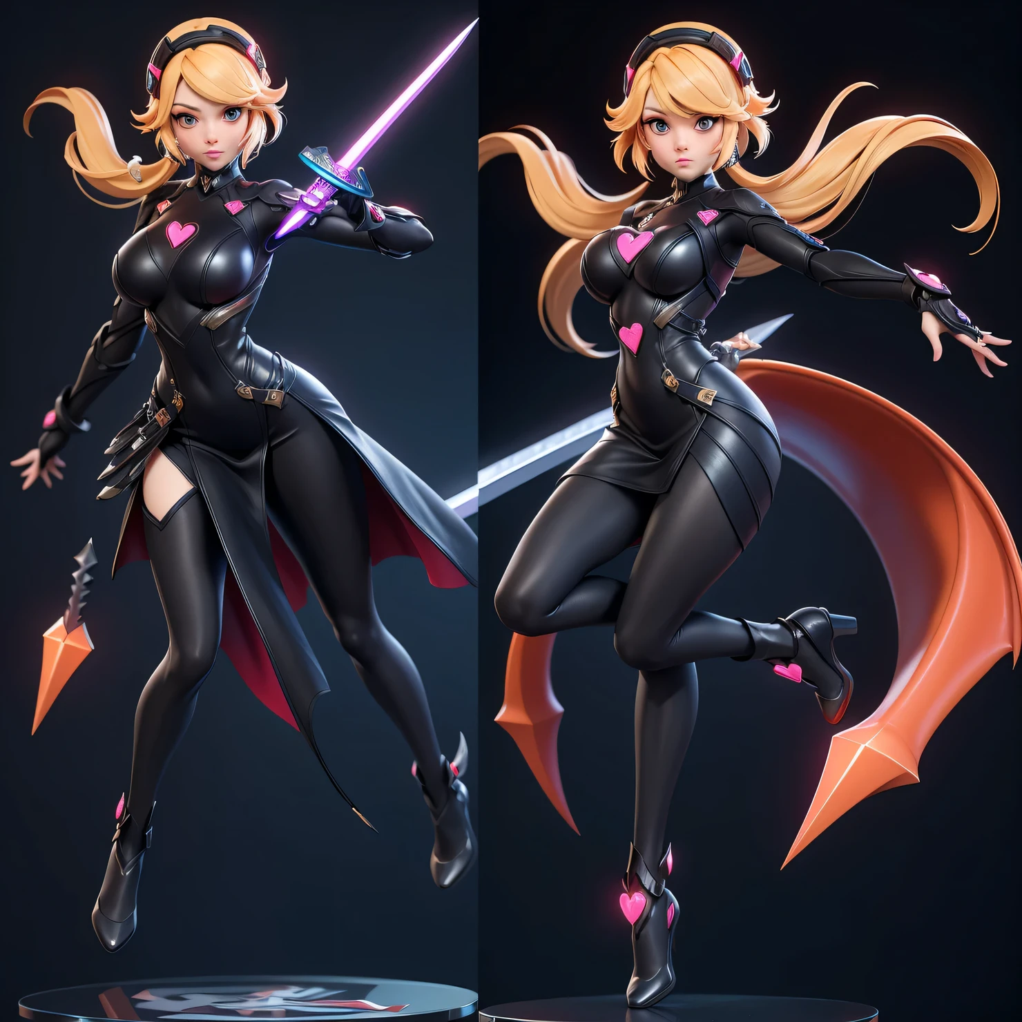 Mini Dragon,  alone, Ray Tracing, Estilo 3D, 3DMM, whole body, (bodysuit swing),(Dark dress), Overall view,((Pose for each photo)), Overall view, Hearts of the Kingdom-style outfit,((1 personのポーズ)), Overall view, Metroid, ((With a futuristic sword)),Ultra-Realistic Skin, (Big Breasts)、1 person