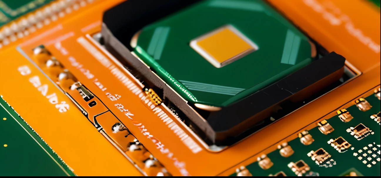 A high-end chip is embedded on the circuit board,The whole picture is full of technology,Color saturation,attractive,You can feel it is a high-tech product,The main color is cool orange,The color of the circuit board is also changed,Overall use of black and orange color scheme