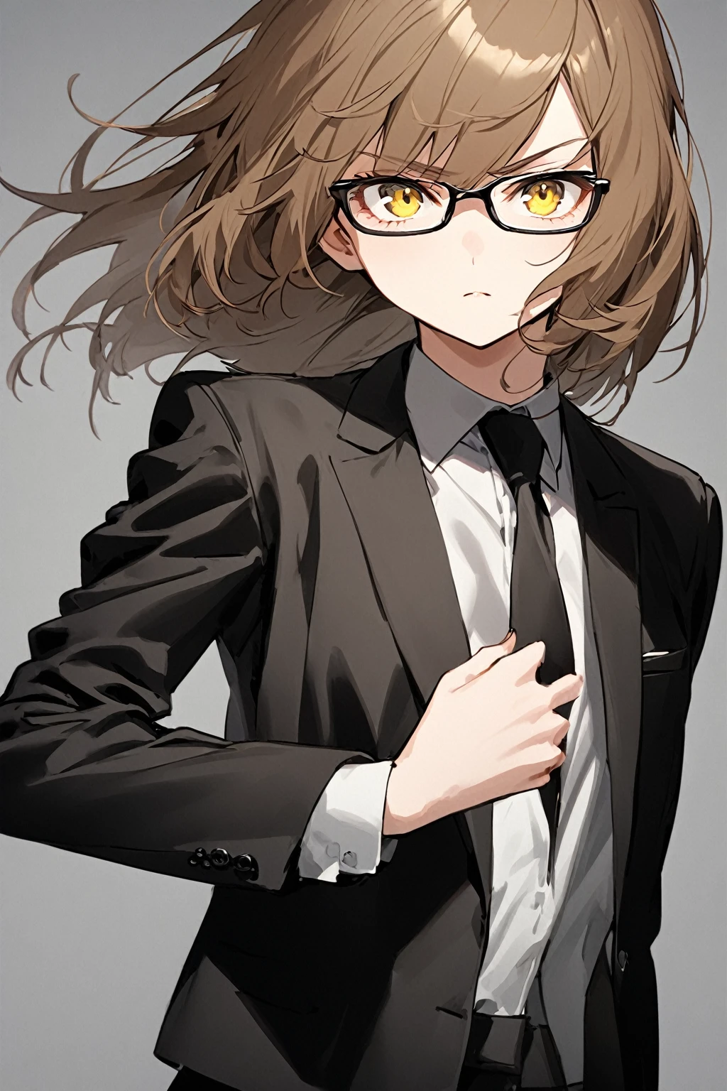 women, 26 years, tomboy, short shoulder length light brown hair with much longer bangs covering the right side of her face, empty yellow eyes, He wears an elegant black male suit, Glasses, Shows an intimidating attitude and a sharp look, solo girl, short brown hair.
