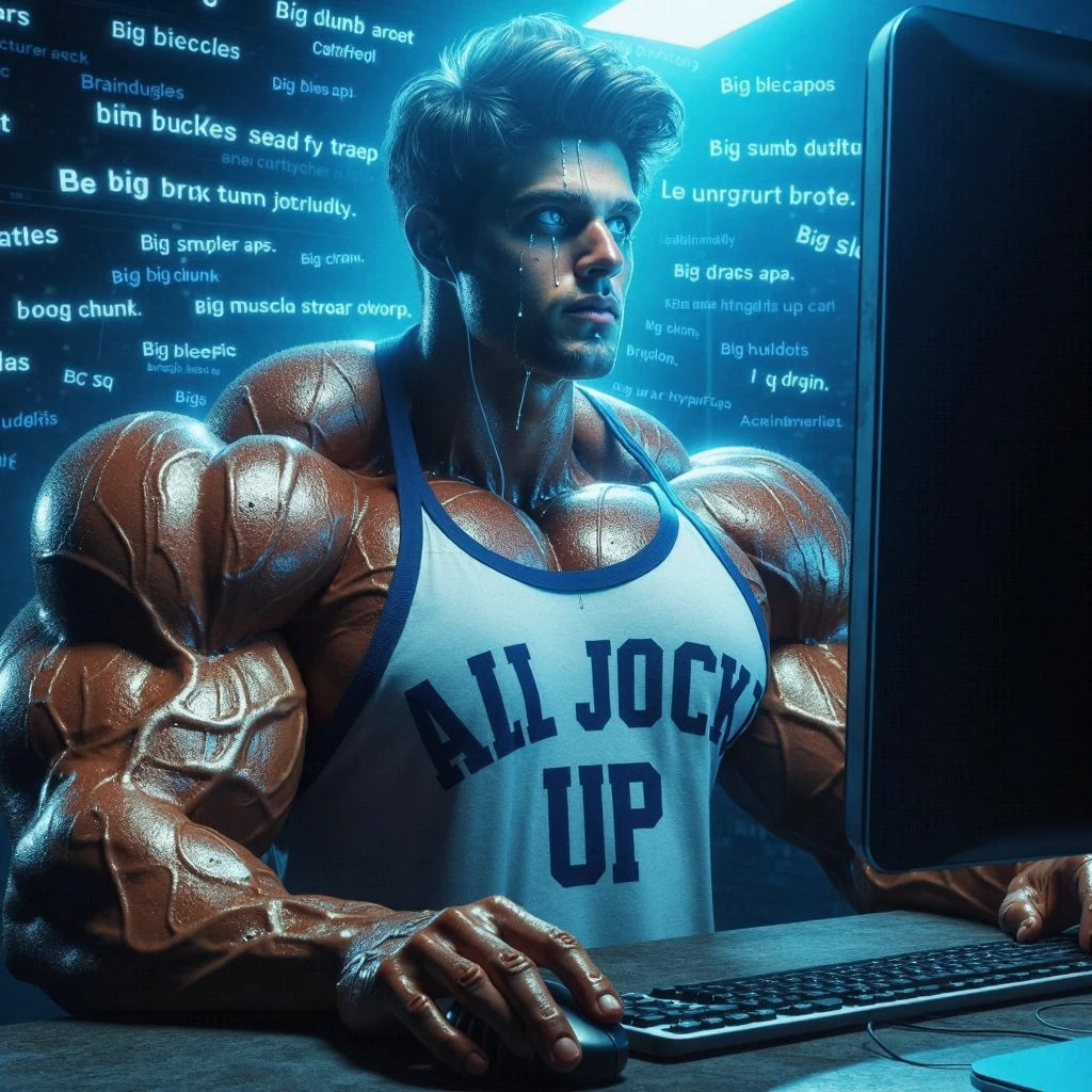 A hyper muscular male college student wearing a shirt that says ALL JOCKED UP sits in front of a monitor in a dark computer lab at night staring vapidly over the glowing screen shining light on his face as his mouth hangs open and he is hypnotized and brainwashed to be a big dumb stereotypical bodybuilder football jock. Repeating mantras to meet their goal to be big dumb muscular sweaty bodybuilder bros. Big biceps. Big triceps. Big traps. Broad shoulders. Broad chests. Hyper thick meaty pecs. IQ drain. Hyper bulging crotch. Dumber and dumber. hypnosis. hypnotized. Brainwashing. Brainwashed. mindless. entranced. Enthralled. Meathead. Musclehead. Meatheadosis. Flexing. Digital Painting.