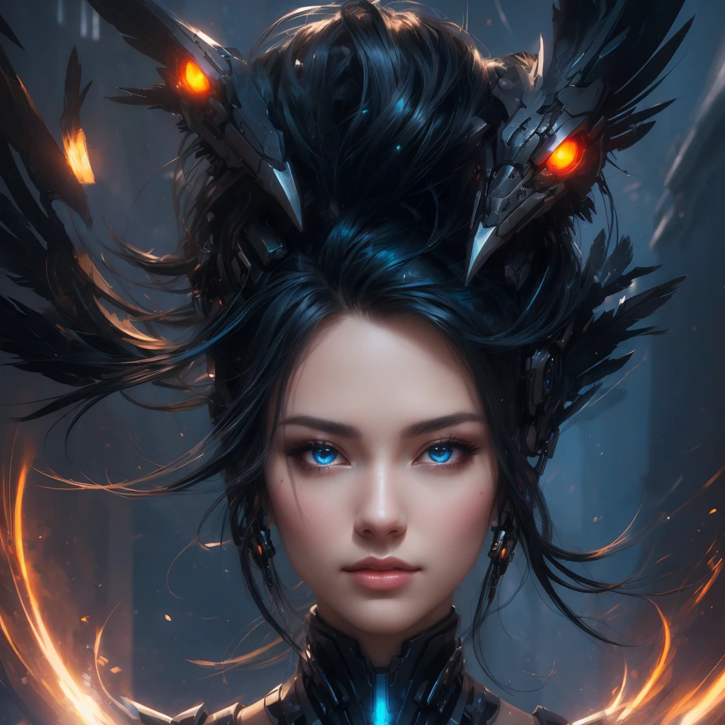 mecha raven style hairs, steel mechanical raven head with hairs, sci-fi, a close up of a woman - sci-FI with a sci fiorer on her face, Mechanical raven IN HAIRS, glowing light feathers in hairs, fiol glowing eyes, hd , cinematic, cinematic light, dinamic, rossdraws portrait, fantasy concept art portrait, wojtek fus, rossdraws 2. 0, rossdraws 1. 0, rossdraws digital painting, epic fantasy digital art style, cgsociety portrait, rossdraws global illumination, :: rossdraws, alexandra fomina artstation