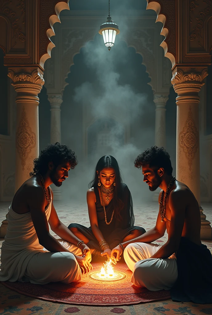 तीन दोस्त जो सफेद और काले रंग की धोती वस्त्र पहने हुए हैं और वह किसी हवेली के आलीशान कमरे में बैठकर खाया कोई काले जादू की क्रिया कर रहे हैं जो ध्यान में मगन है और उनके चेहरे से तेज टपक रहा है अत्यंत सुंदर लग रहे हैं और उनमें एक लड़की भी है जिसने काले रंग की साड़ी पहनी हुई है वह भी उनके साथ बैठी हुई है