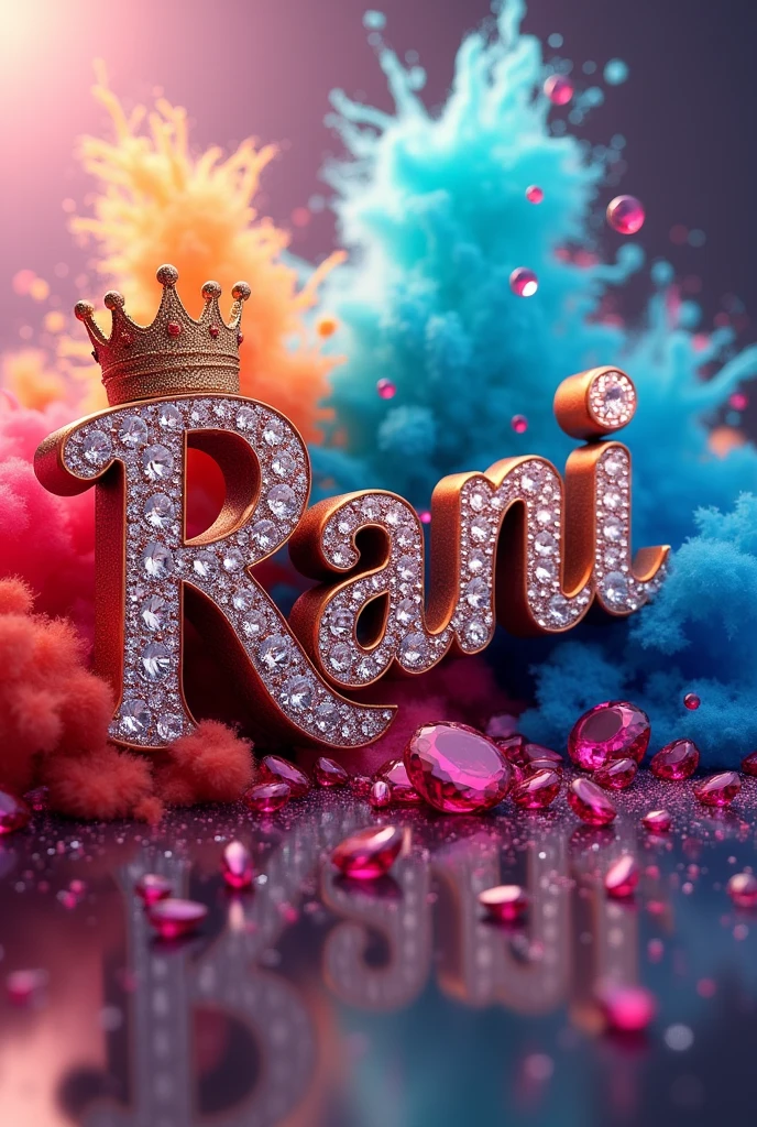 3D, colorful splash of pand white, with the metallic
text 'text/name "Rani" written in diamonds.
Include rubies and diamonds, have a crown on the letter
S