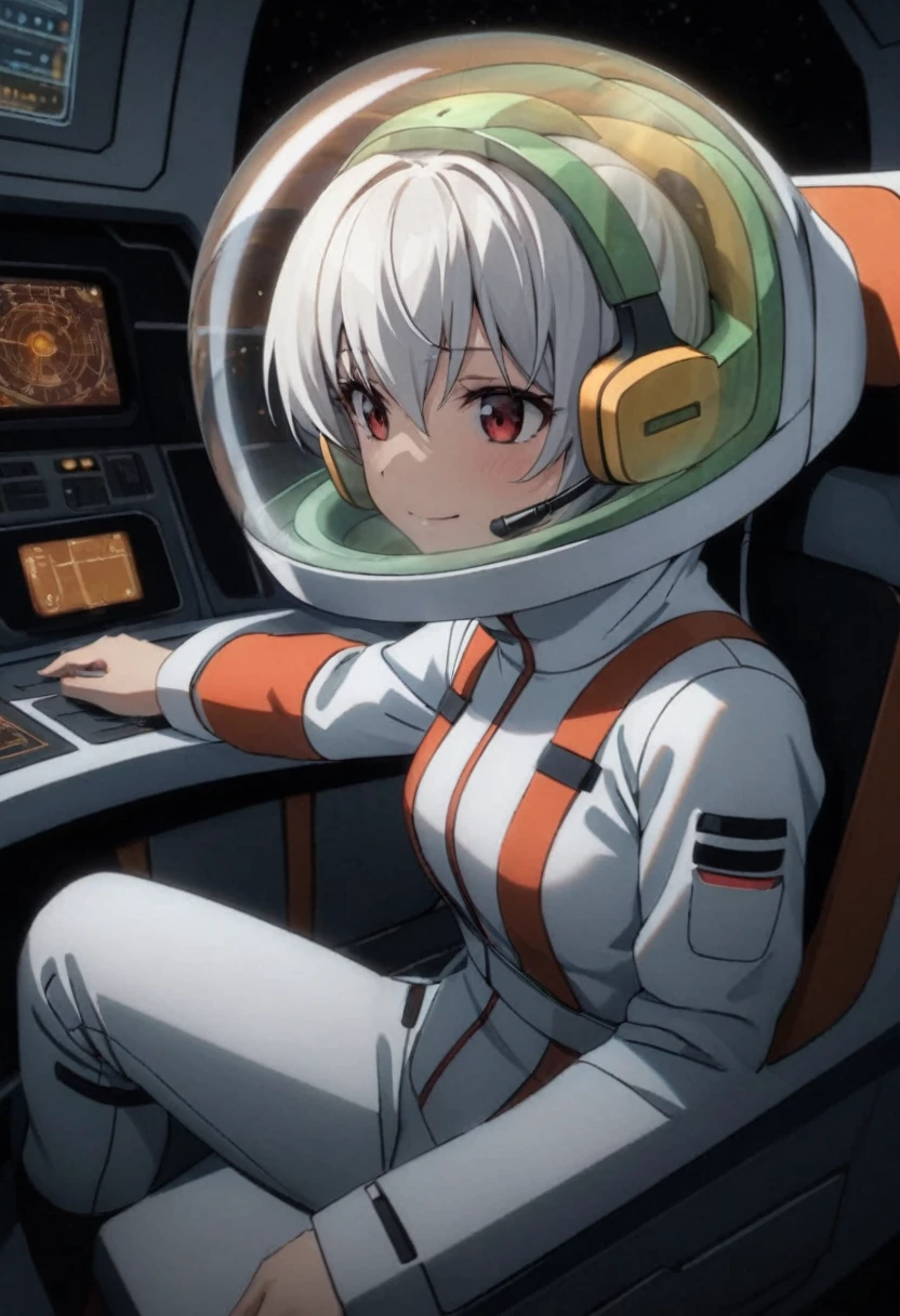 eva helm, spacesuit , astronaut), bubble helmet, space helmet, (1girl:1.1) wearing a (spacesuit:1.15), white cargo pants, (ugh, wtf do these buttons do:1.3), inside the cockpit of a (futuristic spaceship:1.1), sitting in the captains chair, (intricate control panels:1.3), (gleaming metal:1.1), surrounded by many buttons and dials and gauges, (confused:1.3), (worried expression:1.1), (nervous:1.1), concerned, beautiful 8k wallpaper, highly advanced, (sleek design:1.3), intricate, highres, superb, 8k wallpaper, extremely detailed, intricate, short hair, from side, smile, full body,headsets:1.5), from above, white hair, red eyes, bronya