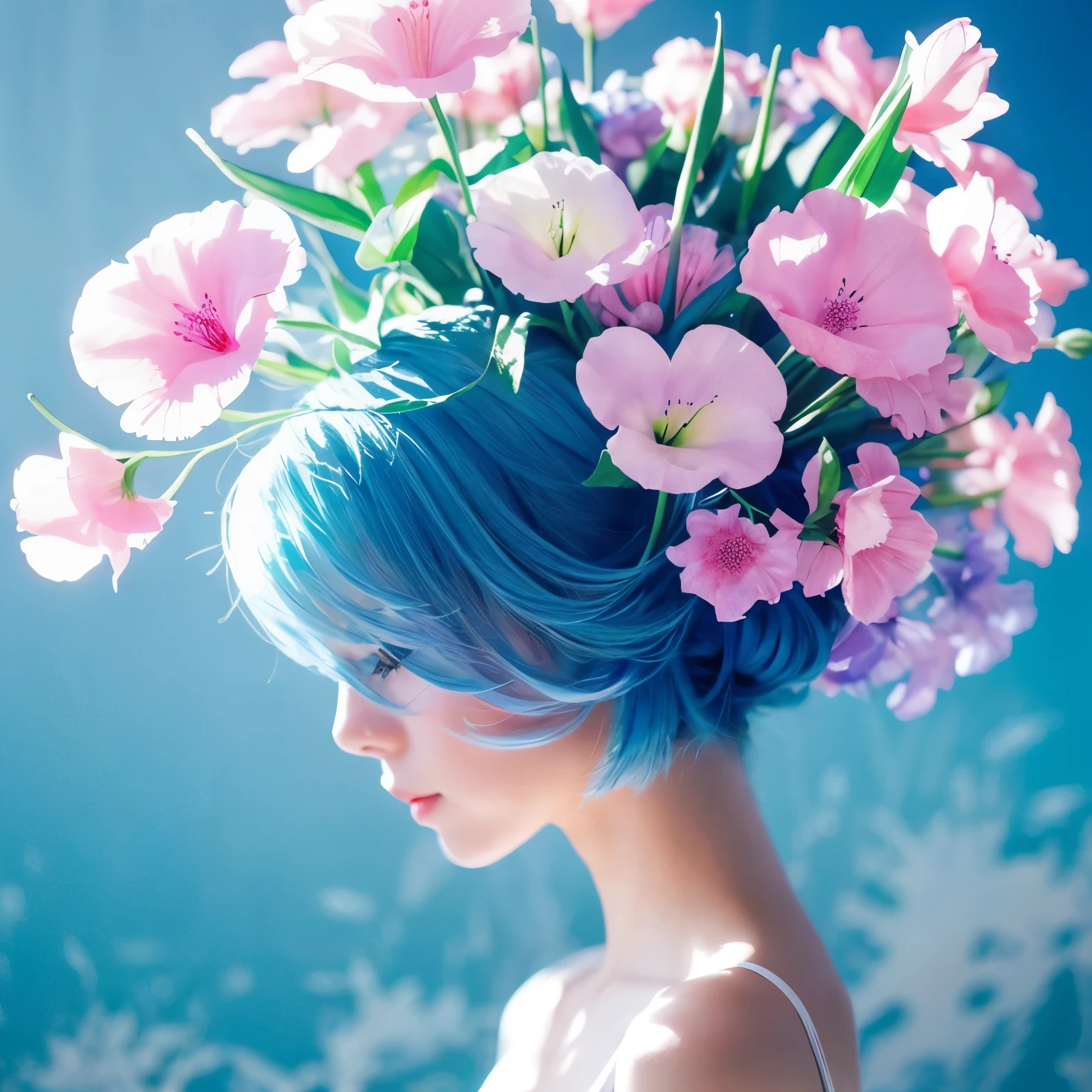 One girl,flower, Lisianthus ,In light blue and cobalt style, A dreamy, romantic piece, Pale pink, Mysterious Leaves, A playful arrangement,Fantasy, High Contrast, Ink strokes, explosion, Exposure, Impression of blue and light blue tones , Abstract, ((Watercolours by John Berkey and Jeremy Mann )) Brush strokes, Negative Space, Highest quality, Very detailed, Realistic:1.37, Portraiture, Vibrant colors, Soft pastel tones, Natural light.