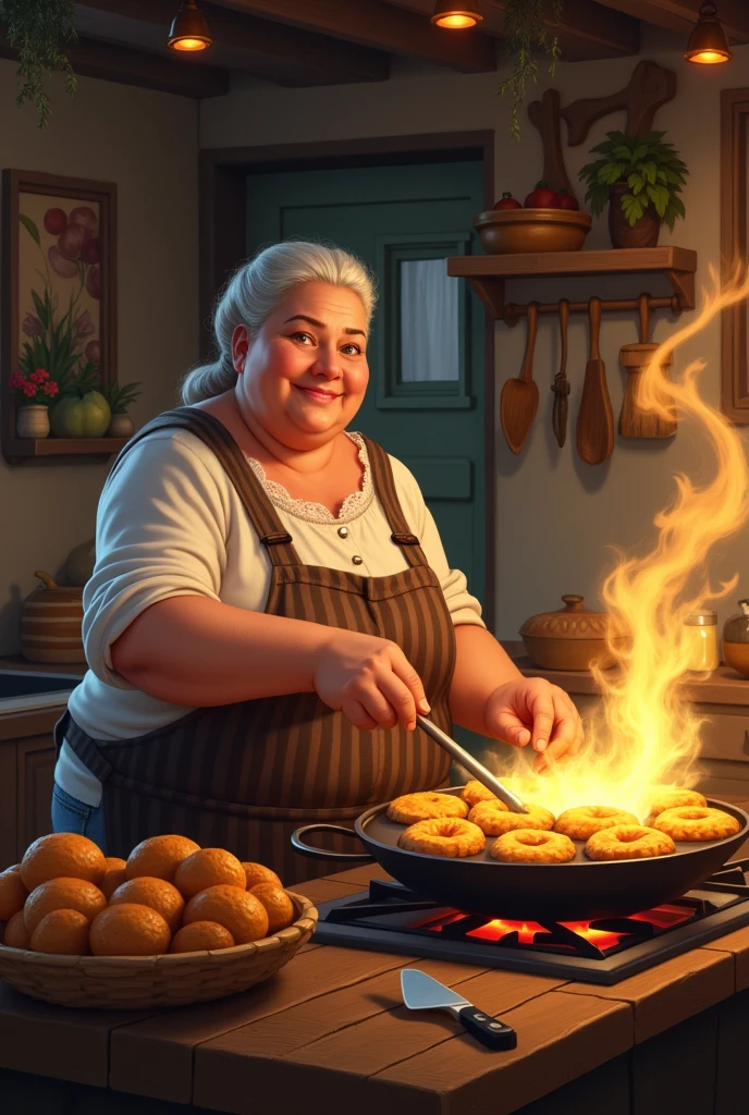 Fat woman frying pastries in a square