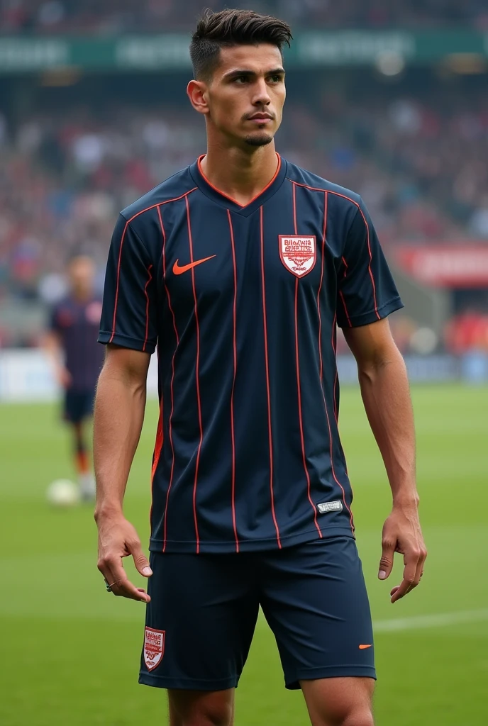 Custom soccer uniform in dark blue primary color, with thin vertical orange stripes and black shorts, with a shield on the left side of the chest with the words bela vista written on it 