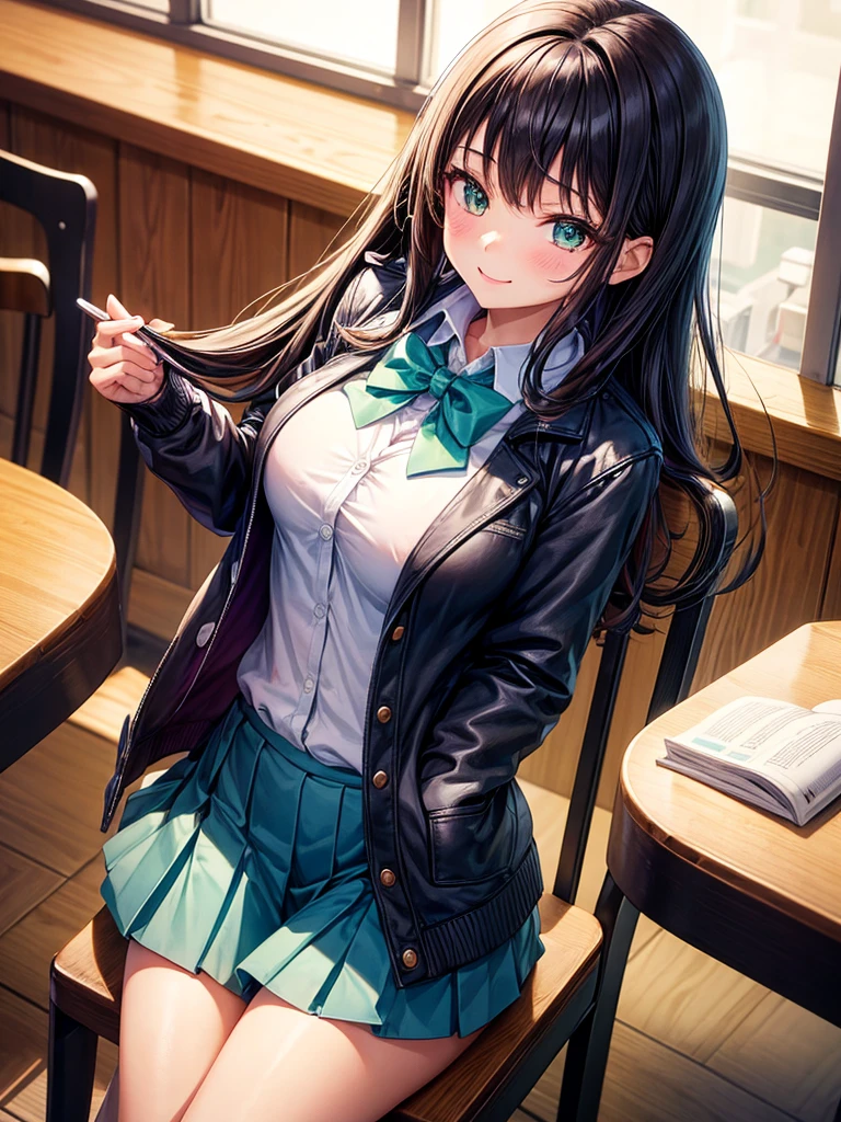 (masterpiece:1.2, best quality), (real picture, intricate details), 1lady, solo, upper body, sitting down, showing legs, casual, school setting, long hair, light makeup, natural fabrics, close-up face, smile, smiling, school, curly black hair, dark hair, curly long hair, curly hair, really long curly hair, bangs, hair bangs, bangs between eyes, green eyes, big breasts, big tits, big butt, skirt, school shirt, school skirt, blue skirt, school skirt, proper uniform clothes, SFW, school proper uniform, goth girl uniform, school, big breasts, big tits, green eyes, tan skin, tanned skin, tan skin, tan skin curly hair, long curly hair, dark skin, brown skin, dark brown skin, black skin
