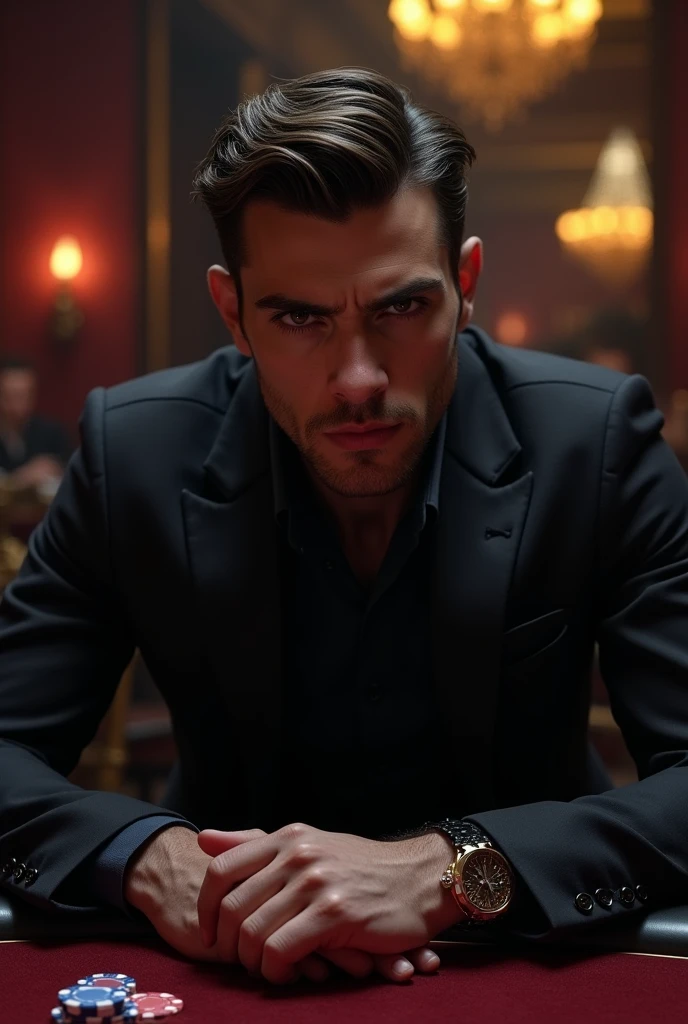 A young man of 30 years old with a serious, slightly malevolent look that shows power, sitting in a dark casino