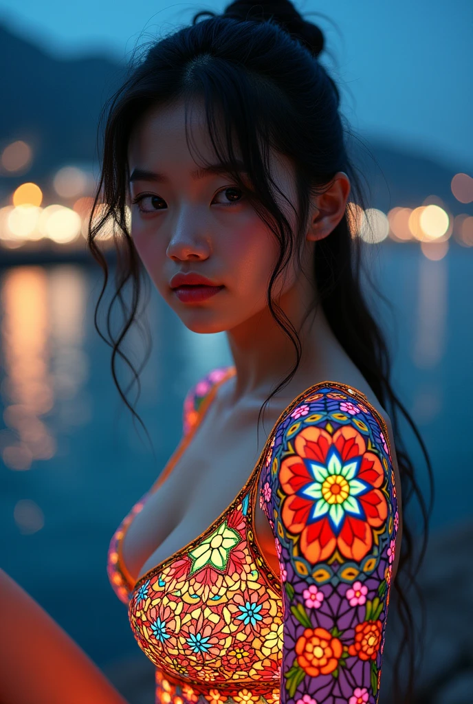 (masterpiece, Highest quality), 8k,(((Very detailed))), Race:1.8, Super intricate Race pattern,　colorful Race pattern,Stained glass transparent body, Mandala,light up,cold, 1 female, Open Back, 18 years old、Japanese, beautiful girl, Intelligent face, Photo of Lee Jae, tumbler, sultry body with セクシー belly, Sexy girl, Young sensual elegance, Sexy body, delicious, Sexy look, Very Short Hair、Night viewのきれいな港で撮影、Night view、 Intelligent face、Narrow waist、Large Breasts、drool coming out of the mouth、Smile a little、EOS 50ｍｍ F2, Blur the background、Lighting the face、Sitting、Ass、Thighs、bikini、