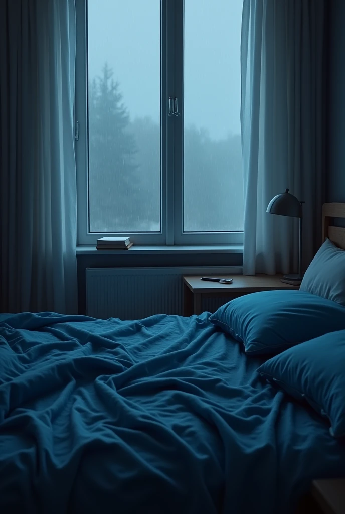 Bed with a blue bedspread, a little messy, two pillows, a window next to, bedside table next to the bed, on top a turned off notebook, rainy day with fog, realistic quality, aestheric, low light