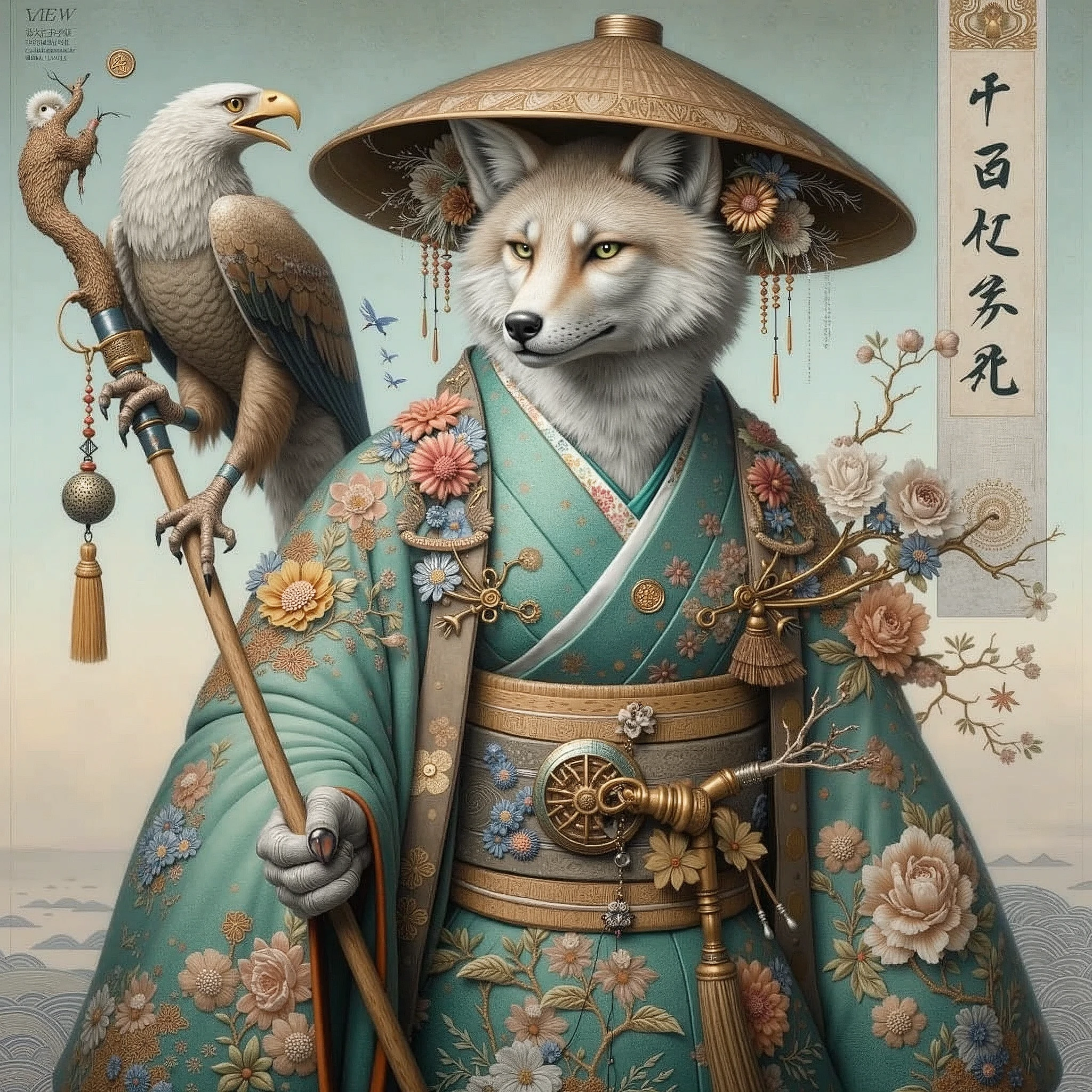Detailed scene of a humanoid character with fox features, dressed in traditional Japanese clothing inspired by a kimono. The character wears a straw hat decorated with flowers and other elegant ornaments.. He is holding a cane or weapon, and at his side there is an eagle or falcon perched on his arm. The kimono is turquoise with intricate floral designs and gold detailing., highlighting the elegance of the character. The character's posture reflects confidence and serenity. In the background, A natural landscape is observed that could be a