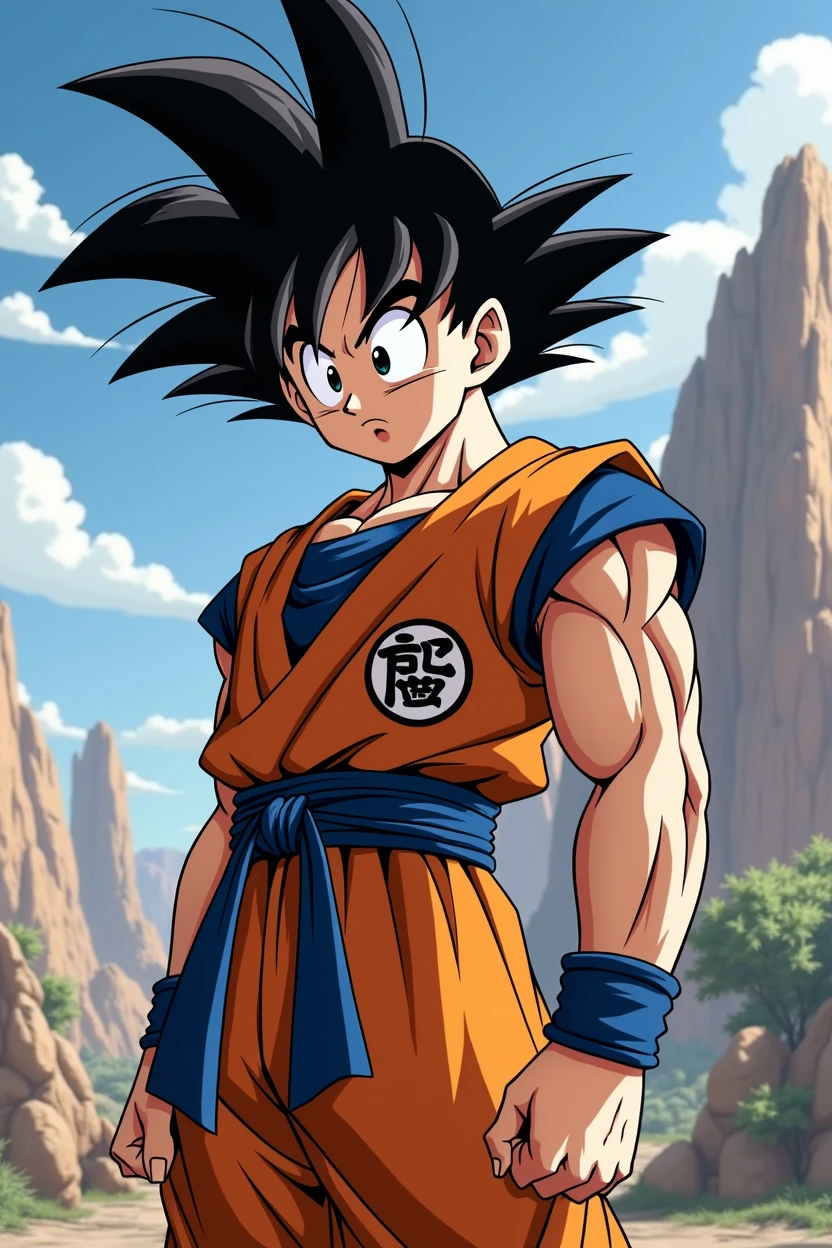 Goku looking with a defiant face