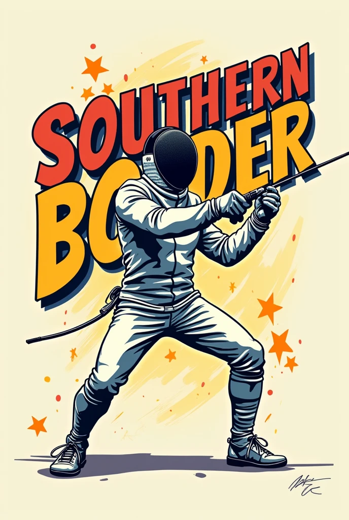 Vector illustration of  fencer, in comic style, and with a text that says "Southern Border" using modern and creative typography