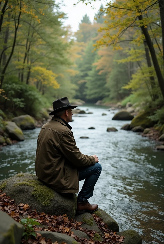 vintage man in a forest looking at a river sitting on a rock