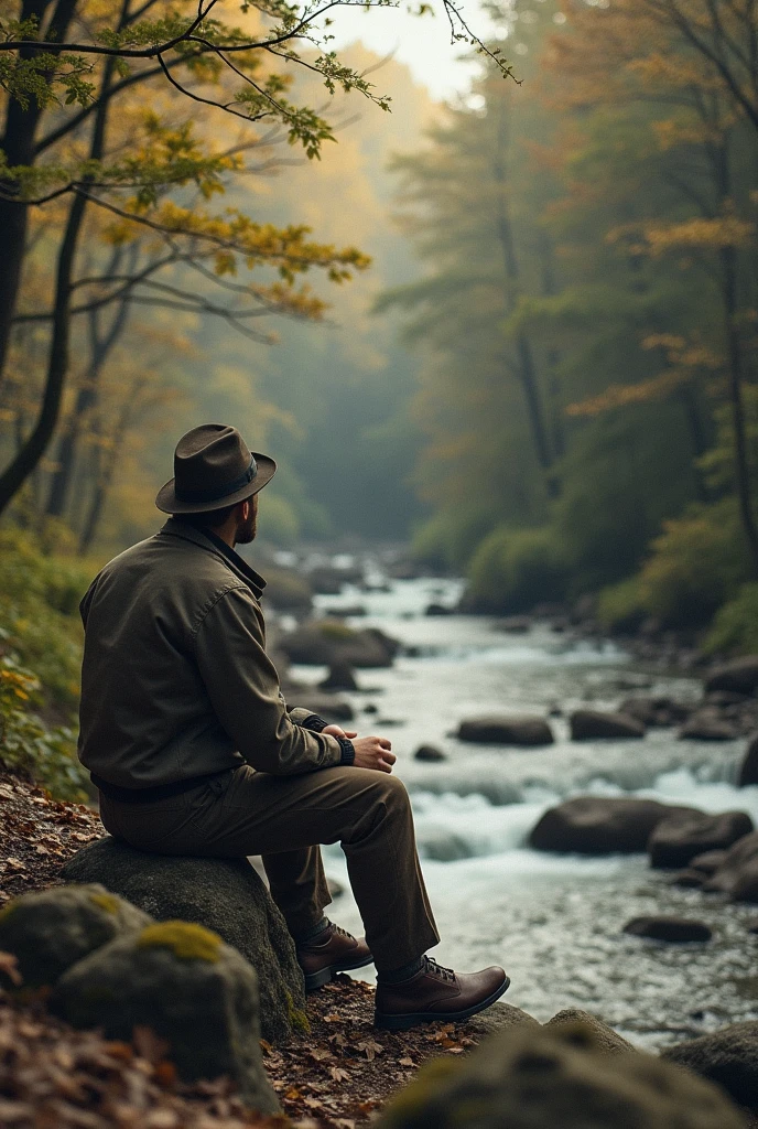 vintage man in a forest looking at a river sitting on a rock