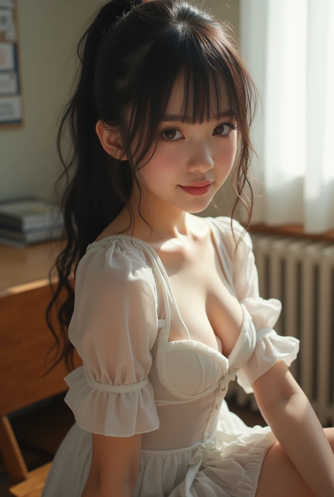 ((Goddess white dress)), ((skirt)), ((pantyhose)), ((shiny outfit)),, skindentation, skinny, solo, 1 woman, Masterpiece, highest quality, highest quality, 16K, incredibly absurd, highly detailed, 2.5D,, delicate and dynamic, very delicate facial expressions, delicate eye depiction, erotic, only sexy woman, ((A cute and kind face)), healthy figure, ((25-year-old woman)), 160cm tall, medium firm swaying bust,, blush, Sweat,Embarrassed,sexy, ((thin thighs)), (camel toe:0.7), (visible nipples:0.3), (Erect nipples,:0.7), shiny and lustrous, facing straight at viewer, (((in heat))), ((Oily_skin)), ((dutch angle)), ((erotic pose)), (reality: 1.4),highest quality, masterpiece, high detail, 16K quality, beautiful, 1 beautiful girl,japanese,super beautiful face,baby face,japanese idol face,cute face,super detailed face,detailed hand,beautiful skin,oily skin,big eyes,profeccional lighting,pony tail,black hair,brown beautiful eyes, sitting whith knee up,arms behind back,big smile,legs spread,spread pussy,(skirt lift),big breasts,(sailor suit),(checked skirt),((spread pussy)),(((detailed pussy))),black high socks,she is looking at the camera,classroom,nsfw,from below,