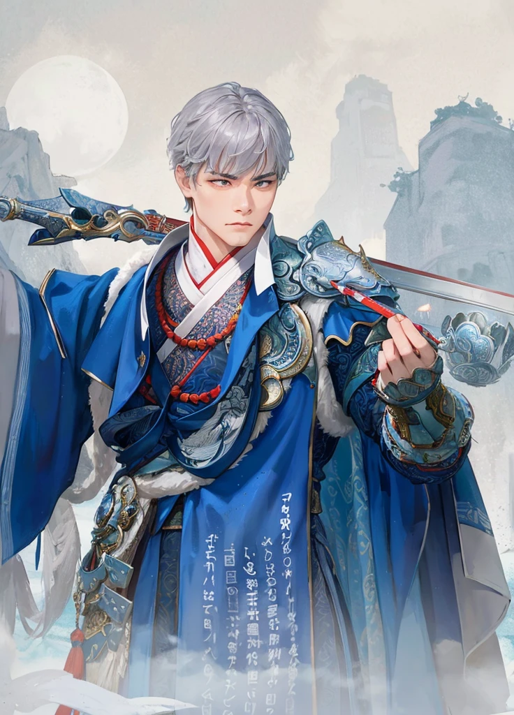 Moonlit Warrior: A powerful Asian male stands steadfast on the misty peak, bathed in soft lunar light. Traditional blue robe with intricate embroidery cinched by crimson sash, worn with silver armor pieces etched with dragon designs. Sword held firmly in right hand, his confident stance and determined expression embody ancient warrior spirit. Framing: Close-up shot of majestic figure against wispy clouds and mountain ranges at sunset, misty veil surrounding the peak. Lighting: Soft moonlight casting gentle shadows on subject's features. Composition: Warrior centered, with misty peaks and wispy clouds forming a harmonious balance around him.