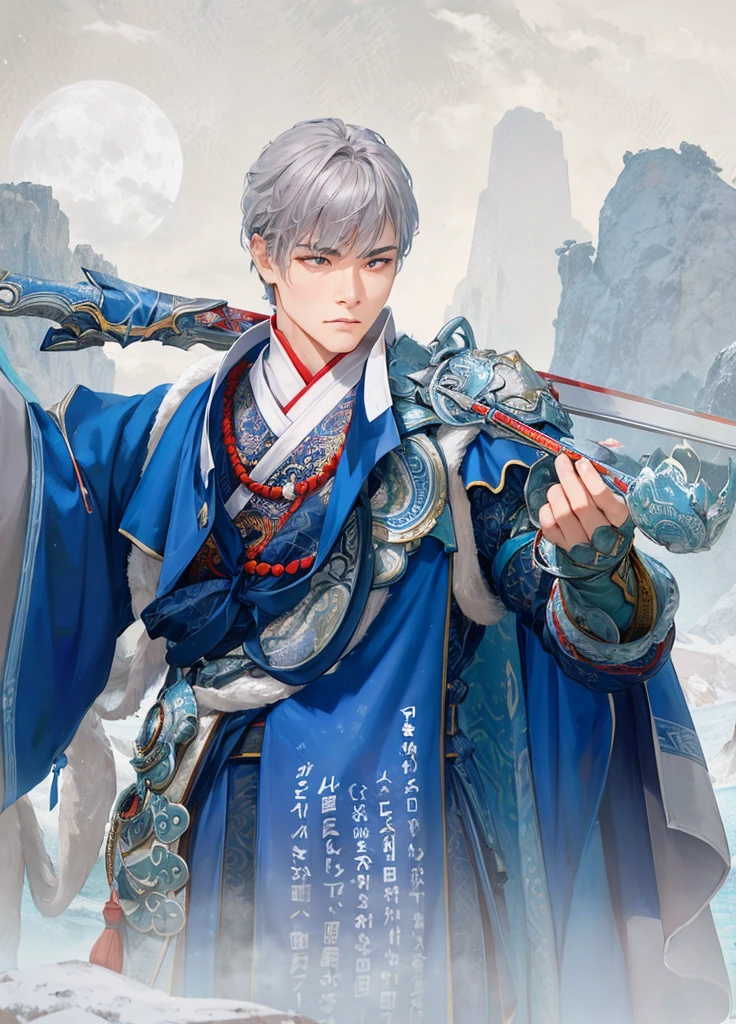 Moonlit Warrior: A powerful Asian male stands steadfast on the misty peak, bathed in soft lunar light. Traditional blue robe with intricate embroidery cinched by crimson sash, worn with silver armor pieces etched with dragon designs. Sword held firmly in right hand, his confident stance and determined expression embody ancient warrior spirit. Framing: Close-up shot of majestic figure against wispy clouds and mountain ranges at sunset, misty veil surrounding the peak. Lighting: Soft moonlight casting gentle shadows on subject's features. Composition: Warrior centered, with misty peaks and wispy clouds forming a harmonious balance around him.