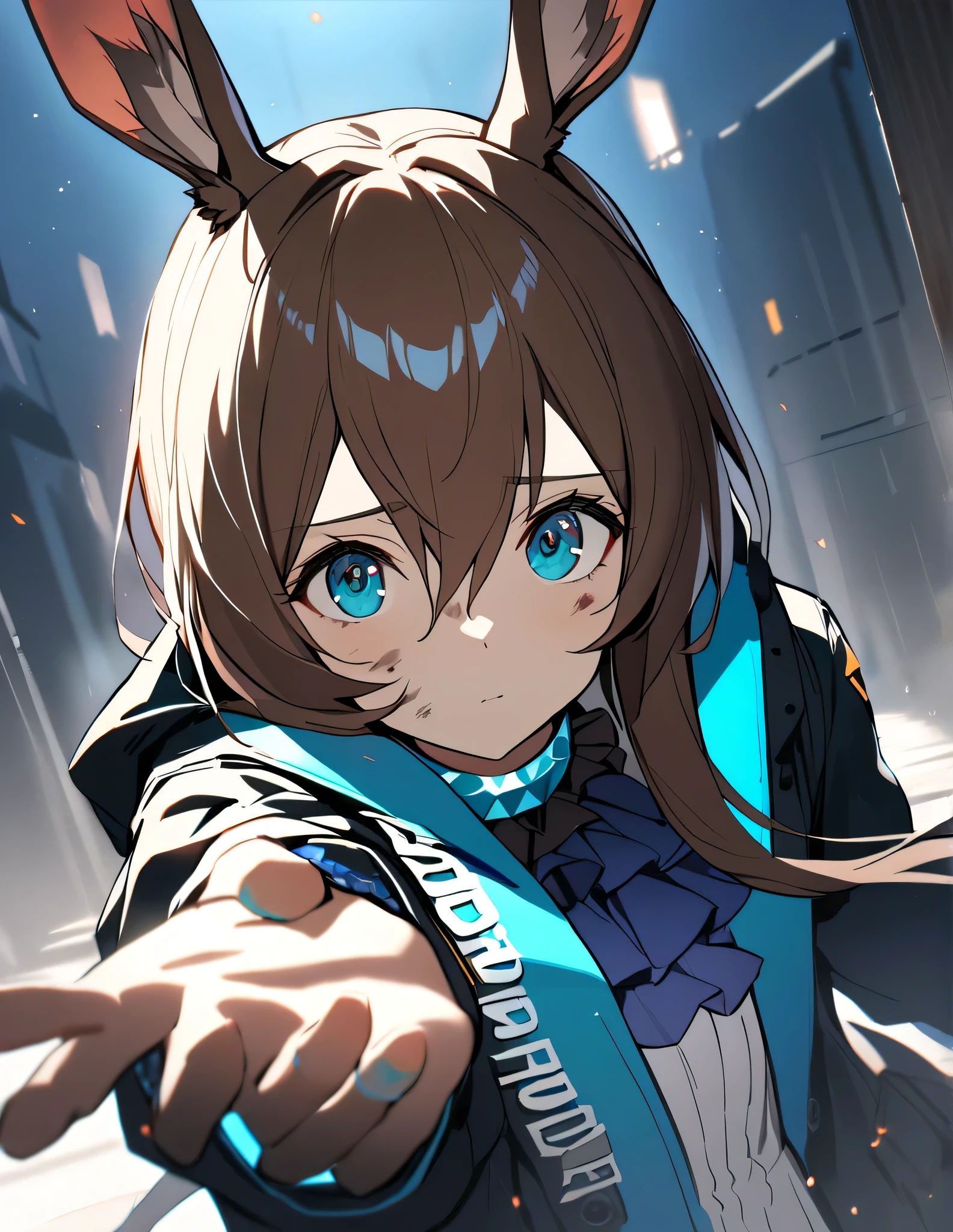 1girl, amiya \(arknights\), arknights, dirty face, outstretched hand, close-up, cinematic angle, foreshortening, dark, dark background, masterpiece, best quality