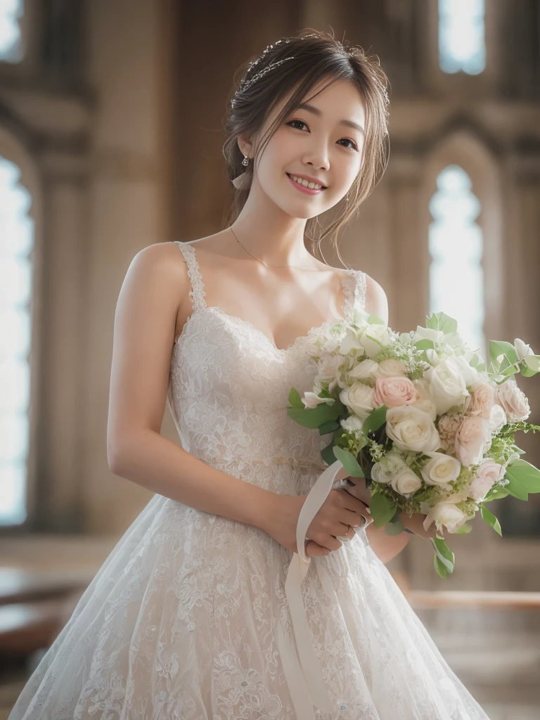 Photo-realistic quality、a woman in a Wedding dress holding a bouquet of flowers、Standing in front of the church、20 year old Japanese model、白のWedding dress,Hanae Mori style wedding dress、Japan idols at 20 years old、lace prom dresses、looking at the camera、Detailed and beautiful eyes、Cute smile、Relaxed and gentle expression、a close up of a woman in a Wedding dress holding a bouquet, Wedding dress, So magical and dreamy、35ｍｍ Lens aperture F2.Shot at 8、Full body photo、From head to toe、A wedding dress that spreads wide enough to cover the toes、Narrow waist