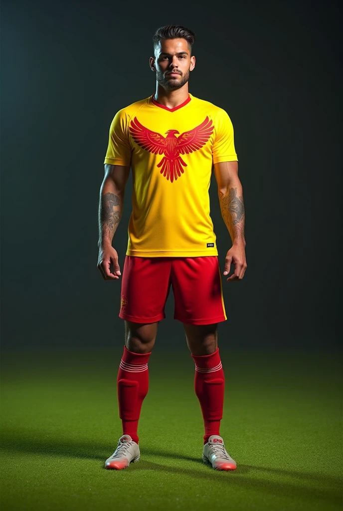 Yellow football jersey Red shorts Red socks Create a modern uniform with those colors and recommend a falcon logo Another model with more details