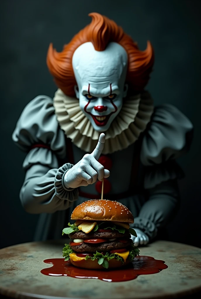 The character Pennywise is behind a table with a burger staring at him, in a dark and colorless place, with low contrast, leaving the clown and the hamburger very evident. Create a more realistic one Make the burger more obvious Put barbecue sauce on the burger The clown has his index finger stretched out in front of his mouth making a gesture of silence with his lips pursed,
The clown's eyes are wide open Only the clown's arms and face appear