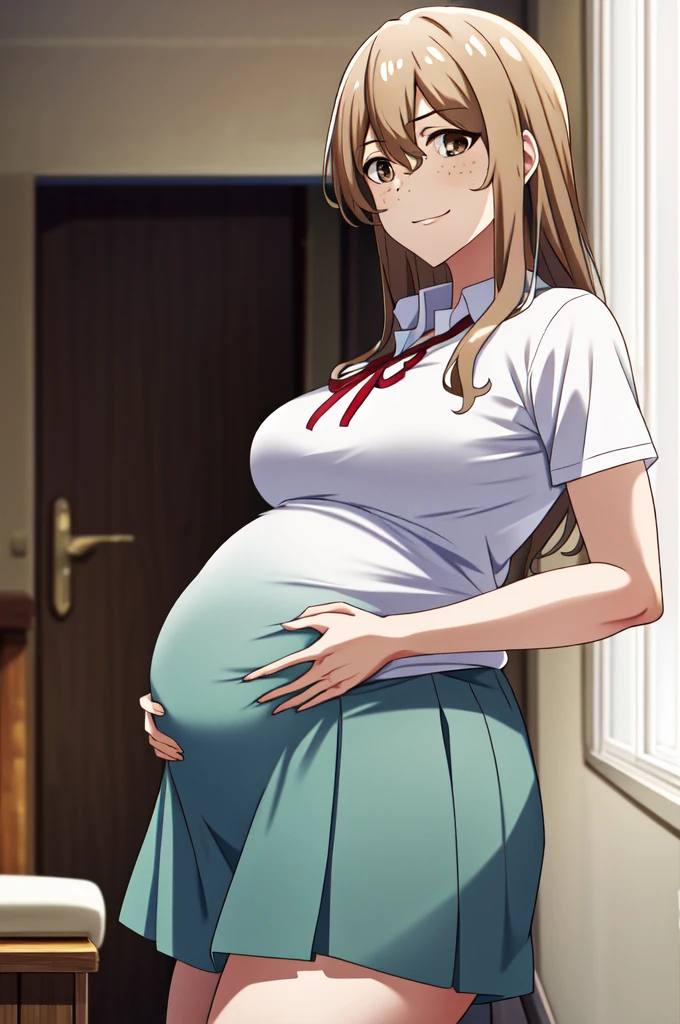 masterpiece, best quality, highres, aoki1, brown eyes, freckles, skirt, white shirt, ribbon, cowboy shot, standing, pregnant belly, pregnant, very pregnant, posing