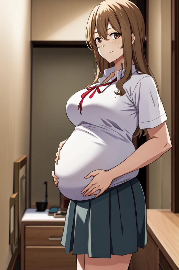 masterpiece, best quality, highres, aoki1, brown eyes, freckles, skirt, white shirt, ribbon, cowboy shot, standing, pregnant belly, pregnant, very pregnant, posing