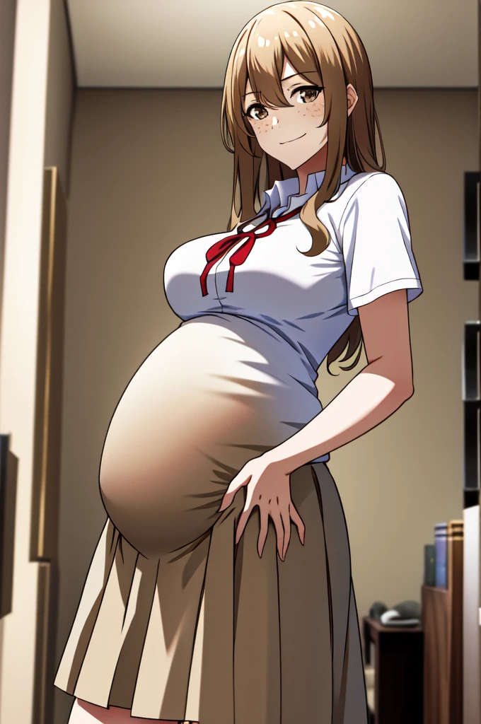 masterpiece, best quality, highres, aoki1, brown eyes, freckles, skirt, white shirt, ribbon, cowboy shot, standing, pregnant belly, pregnant, very pregnant, posing