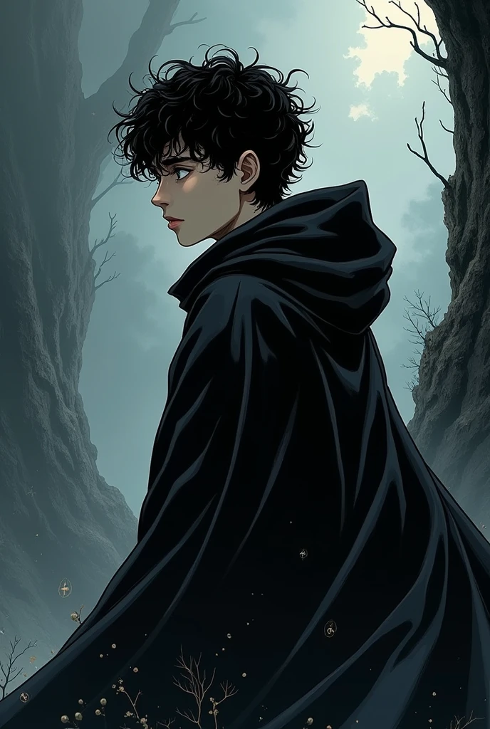 In the style of manga draw a young man with black curly hair in a cloke