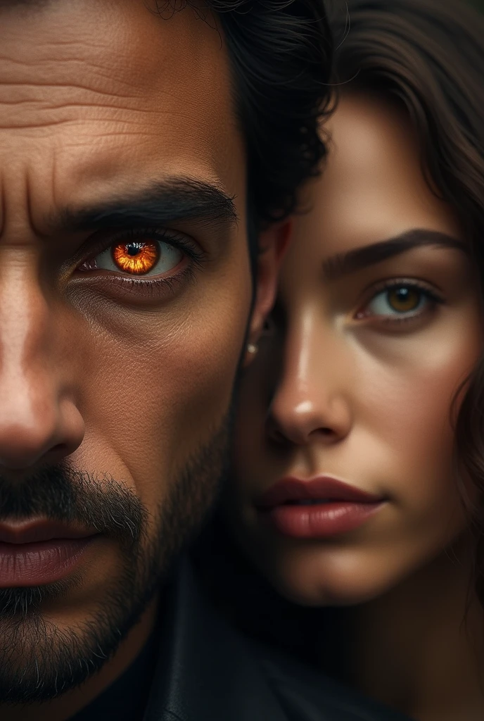 Two looks. A man's red iris. The other amber gaze of a woman.