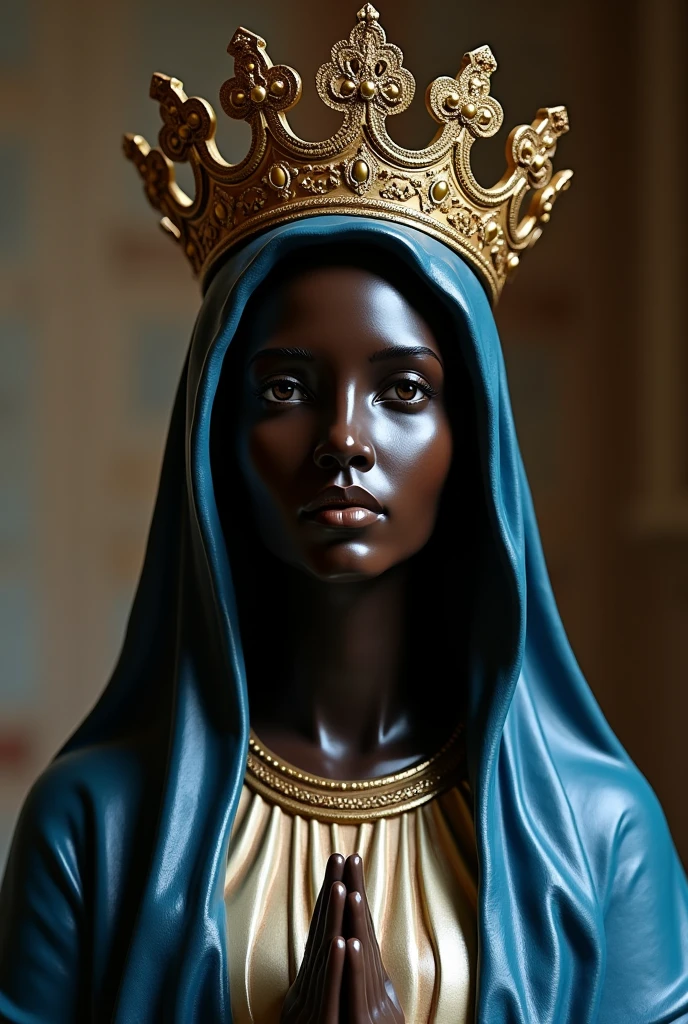 The plaster image of Our Lady of Aparecida, grand and radiant, highlighting the brightness and beauty in a realistic and detailed way in 4k with her blue sacred mantle and grand and shining crown and her black skin
