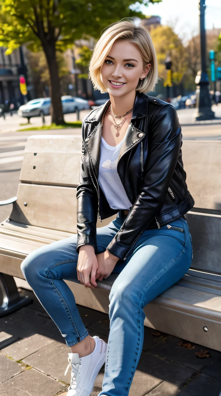 Super Resolution、Beautiful Caucasian Woman、Full body photo、sitting on a park bench、short hair、Blonde、blue eyes、、ear piercing、necklace、leather jacket、shirt、Skinny jeans、sneakers、smile、Beautiful teeth alignment