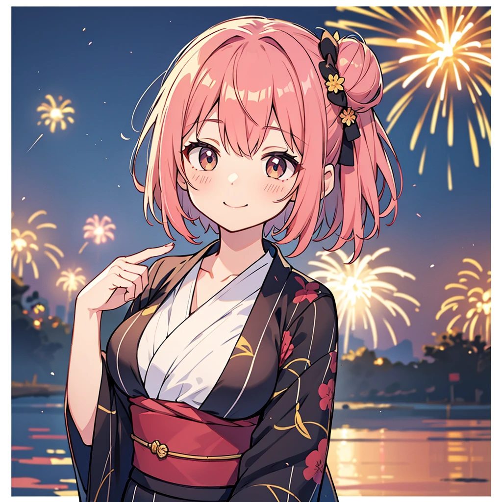 yuigahama yui, short hair, Brown eyes, Pink Hair, Single bun hair,
One girl,
View your viewers,
(masterpiece:1.2), Highest quality, High resolution, unity 8k wallpaper, (Beautiful and beautiful eyes), Highly detailed face, Perfect lighting, Highly detailed CG, (Perfect hands, Perfect Anatomy),
blush, smile, Open your mouth,
Huge breasts, Focus on the chest,
Black yukata,
Fireworks festival background,