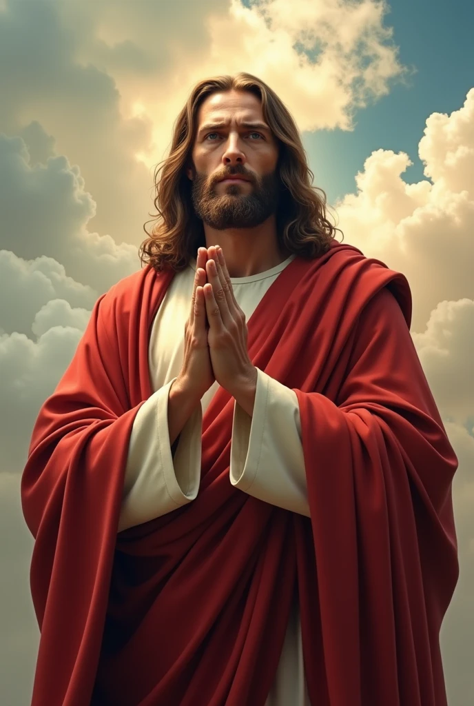 Perfect hand 5 finger, Portrait of a handsome Jesus Christ flowing Teresa in his eyes wearing red clothes of king in the clouds, Jesus Christ, real blue eyes, sunny day, intricate details.real Jesus Christ, straight head face, Straight body. Flowing tears in his eyes, perfect full body, perfect hands finger,Prayer Jesus Christ, praying Jesus Christ backgrounds natural photographic