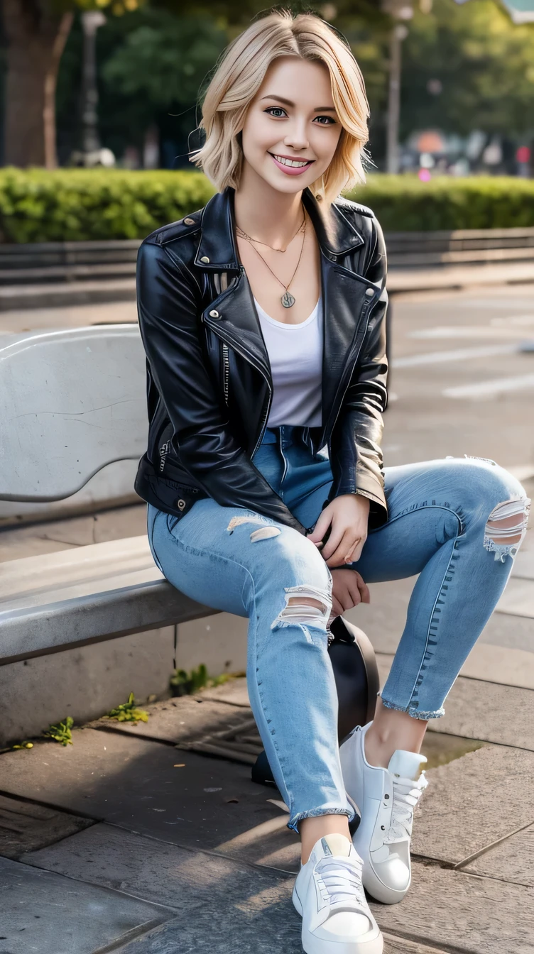 Super Resolution、Beautiful Caucasian Woman、Full body photo、sitting on a park bench、Blonde Hair、blue eyes、Wavy Hair、ear piercing、necklace、leather jacket、shirt、Skinny jeans、sneakers、Closed mouth smile、

