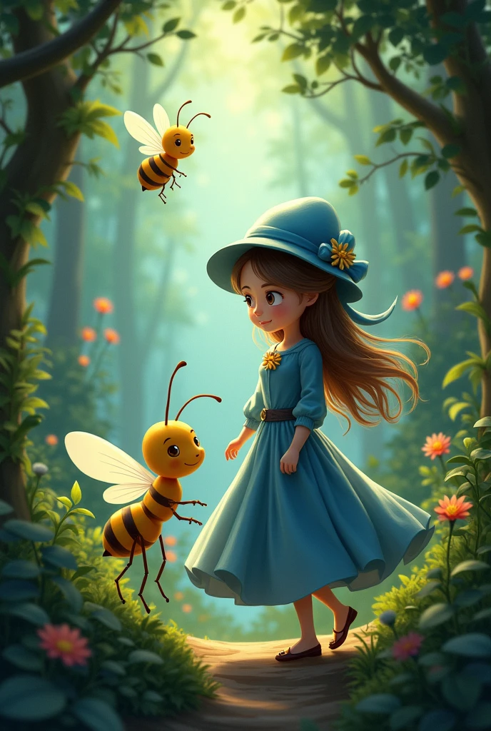 There is one bee, one firefly, one ant with the  in the blue long dress, with long brown hair, round hat with the blue ribbon is walking happily  at the jungle