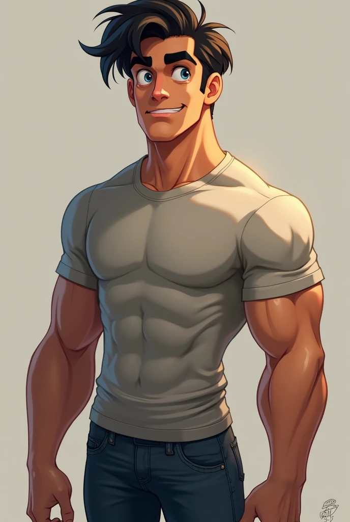 a young man with a well-defined face, highlighting his strong jaw and marked cheekbones, but with a softer, more youthful expression. His hair is thick and slightly disheveled., adding a casual touch. His body is muscular and athletic., but not as exaggerated as the adult version. She is wearing a tight t-shirt and jeans., reflecting a relaxed and confident style. His stance is firm, with a slight smile that captures the essence of Gigachad in a younger, less intimidating form..