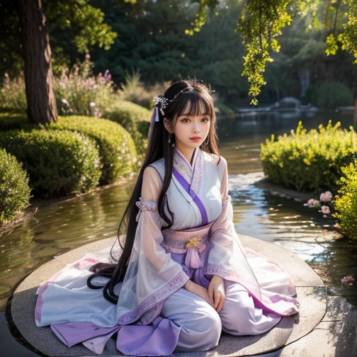 best quality, Delicate face，beautiful visual work, lifelike, eternity, black hair, Long curly hair, blunt bangs, Smile, Detailed Background, Delicate face，blush，cold，((masterpiece))、(top quality)、8k、high detail、Super detailed，21 years old female，Wearing Tang Dynasty Hanfu、waist skirt, Clothes are light and fluffy，Hanfu, wide sleeves, Transparent sleeves, Tunic, Clothes made of chiffon, Seductive and whimsical style、masterpiece、born、Scenes resembling fairy tale illustrations、Intricate details and complex designs、Beautifully、magic、capricious、 Beautifully、Dream aesthetics、「𝓡𝓸𝓶𝓪𝓷𝓽𝓲𝓬、ethereal、charming、fickle、magic」、Realism、Visual effects、FXAA、SSAO、Shaders、voiceless、ambient lighting、Tone mapping、High resolution、Ultra high quality、Million pixels、(8K resolution:1.10)、8k、Below 8K、8K resolution、high detail、intricate details， (high quality:1.2、masterpiece:1.2、:1.21)、(21 years old female:1.21)、(Smile excitedly)、(Surrounded by a dream-like atmosphere、Model diagram，full-body shot，Normal 2 feet，Put your hands behind you，The protrusion of the breast is visible when wearing clothes, Large Breasts, H cup chest, antiquity, Xian Xia, gauze clothes, Soft and fluttering, Fairy, dream, fantasy, light, elegant, nature, Immortal, romantic, classical, ribbon, light purple clothes, By the stream