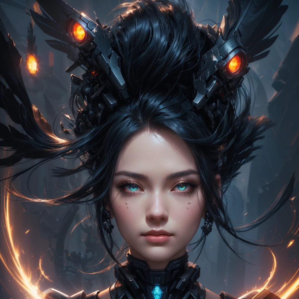 mecha raven style hairs, steel mechanical raven head with hairs, sci-fi, a close up of a woman - sci-FI with a sci fiorer on her face, Mechanical raven IN HAIRS, glowing light feathers in hairs, fiol glowing eyes, hd , cinematic, cinematic light, dinamic, rossdraws portrait, fantasy concept art portrait, wojtek fus, rossdraws 2. 0, rossdraws 1. 0, rossdraws digital painting, epic fantasy digital art style, cgsociety portrait, rossdraws global illumination, :: rossdraws, alexandra fomina artstation