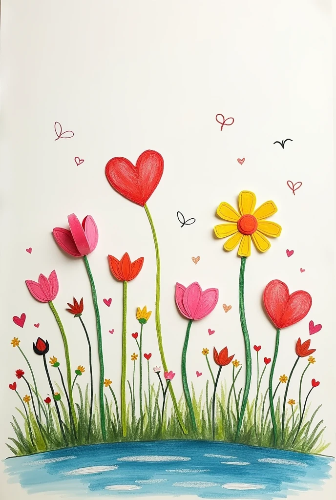 A minimalist garden drawing with colorful floats made with chalk and hearts but some withered flowers