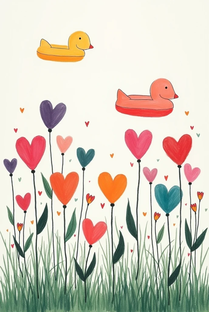A minimalist garden drawing with colorful floats made with chalk and hearts but some withered flowers