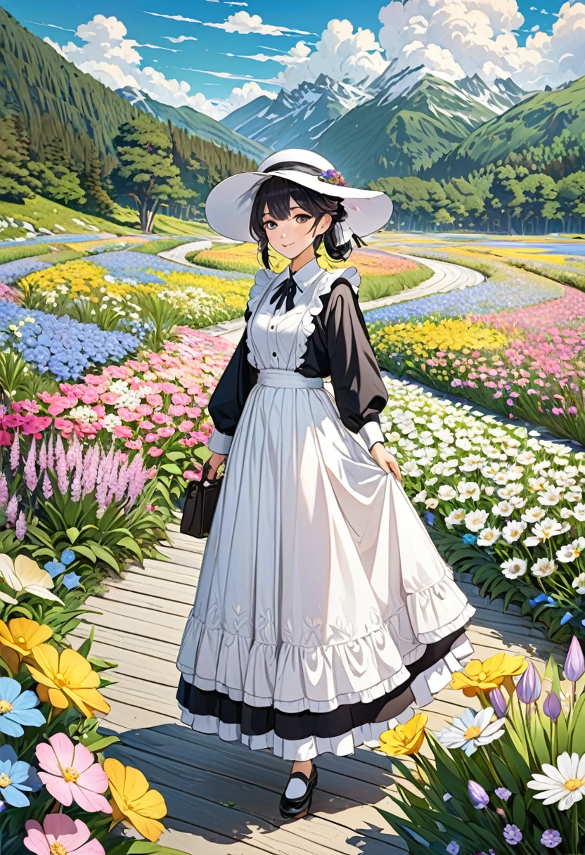 Nature、Magnificent View、Marshland、Flower Field、alpine plants、Boardwalk、（Girl Walking On The Road、White wide-brimmed hat、Long Skirt、pastel colour、cardigan）、（Attendant maid、Classical Maid）