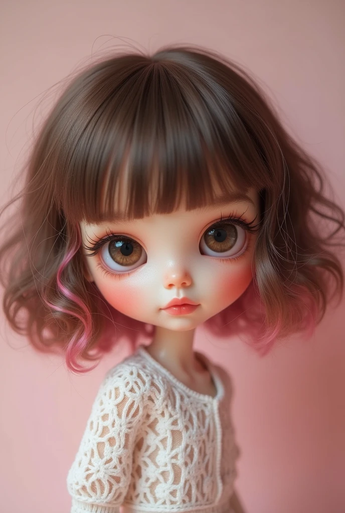 Blythe doll short brown hair with pink highlights