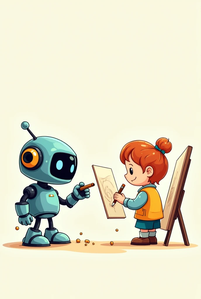 A simple cartoon-style robot drawing the same picture as the human drawing the same picture next to it.