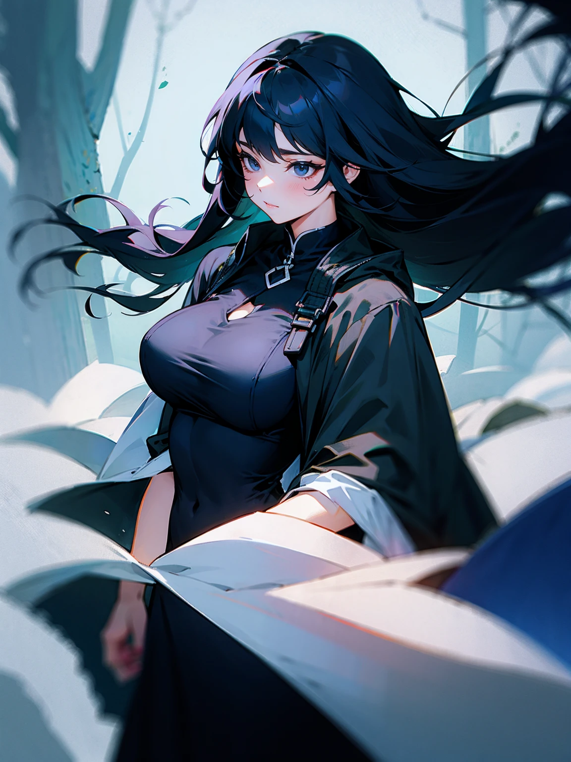1female, black hair, long hair, black eyes, black dress, busty, beautiful, night, forest