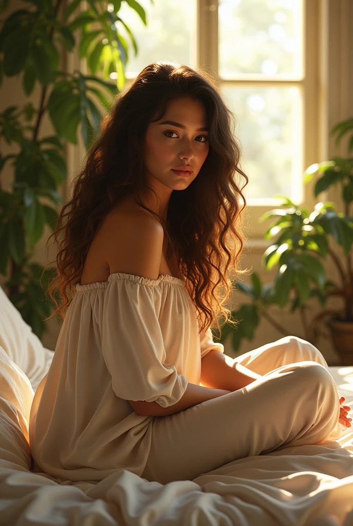 (photorealism:1.2), beautiful woman, sitting on bed, wearing loose off-shoulder top, pajama pants, long curly hair, indoors, soft lighting, plants in background, window with sunlight, cozy room, relaxed pose, realistic, intricate details, warm colors, by Greg Rutkowski, by Alphonse Mucha